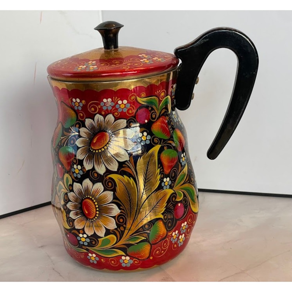 Vintage Russian Khokhloma Hand Painted Lacquer Floral Red Gold Jug Pitcher w Lid - Picture 3 of 16